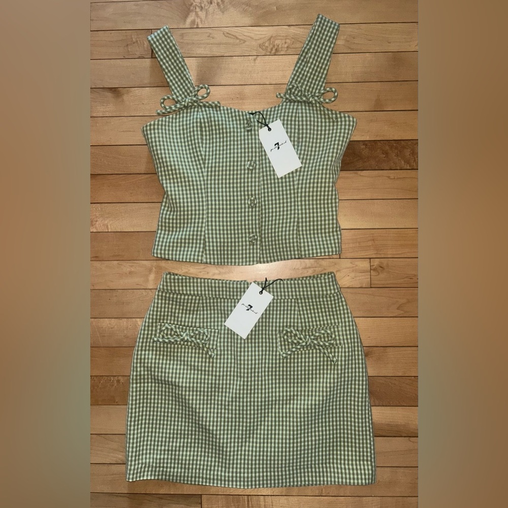 NEW! NWT 7 FOR ALL MANKIND Bow-Trim Ghingham Top & Skirt Set in Avocado Size 2